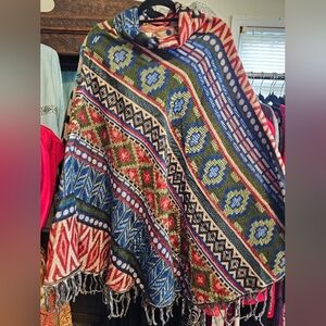 Colorful Geometric Patterned 100% Wool Cowl Neck Poncho. Very Soft